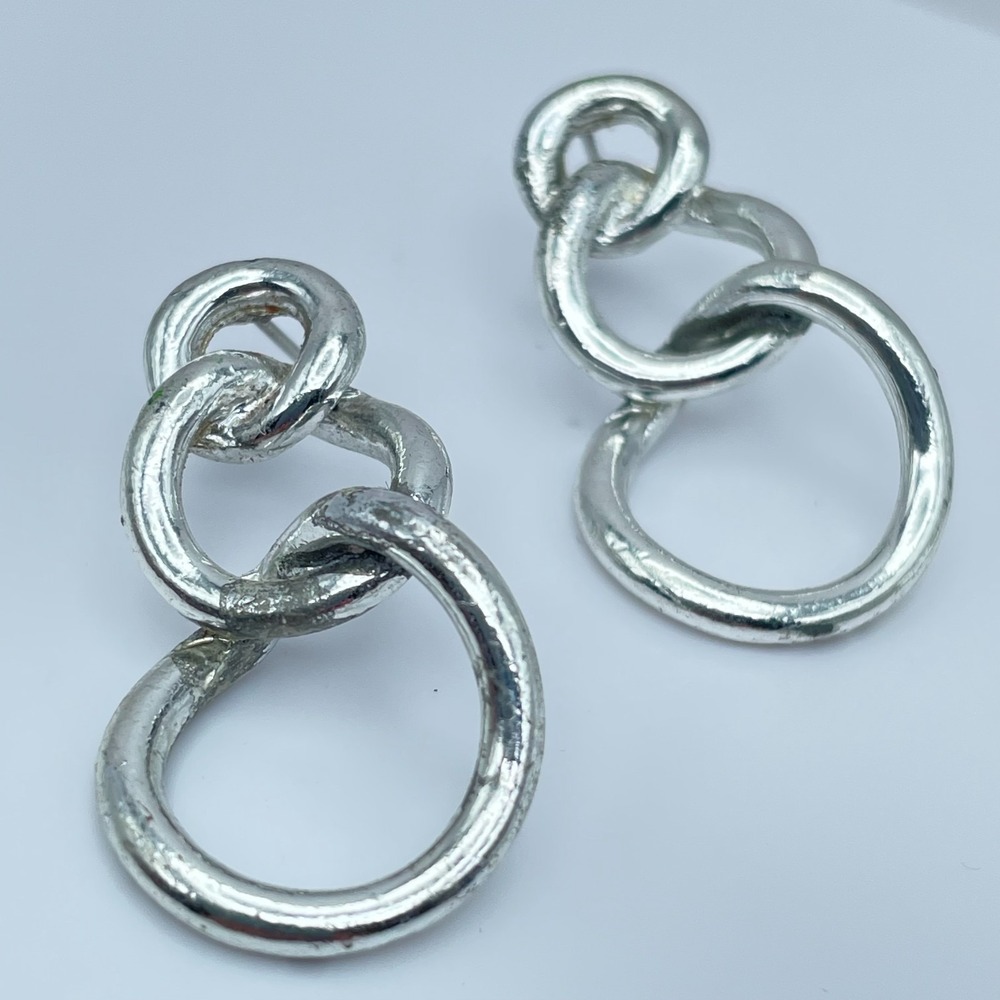 Vintage 90s Silver Tone Triple Graduated Hoop Drop Dangle Earrings Modernist